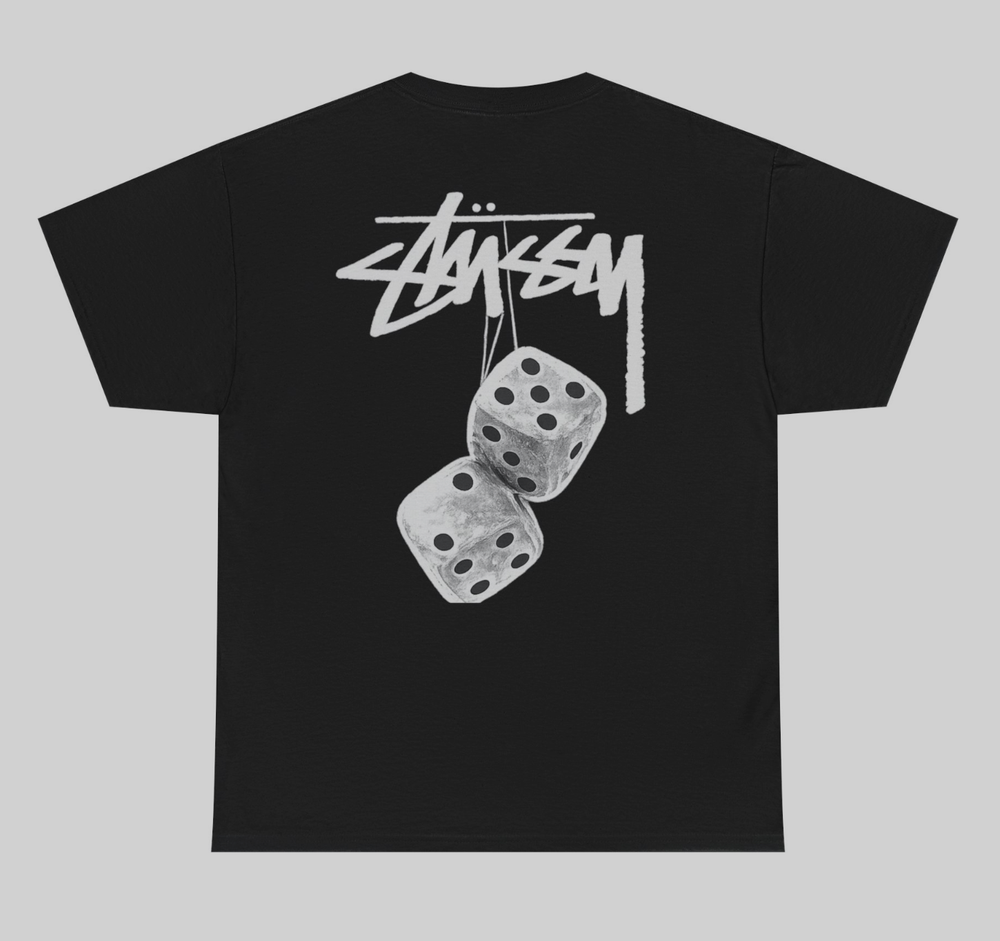 Large Stussy T-Shirt Black and White Fuzzy Dice REPRINT PERFECT QUALITY