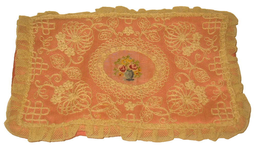 Antique Normandy Style Ruffled Lace Topped Embroidered Hankie Gloves Silk Holder