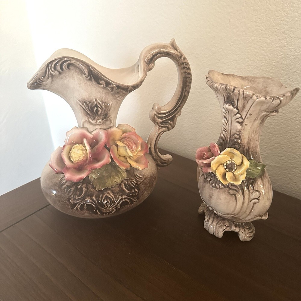 Capodimonte 2-Piece Vintage Pitcher Vase Set with 3D Floral Design, Antique Italy