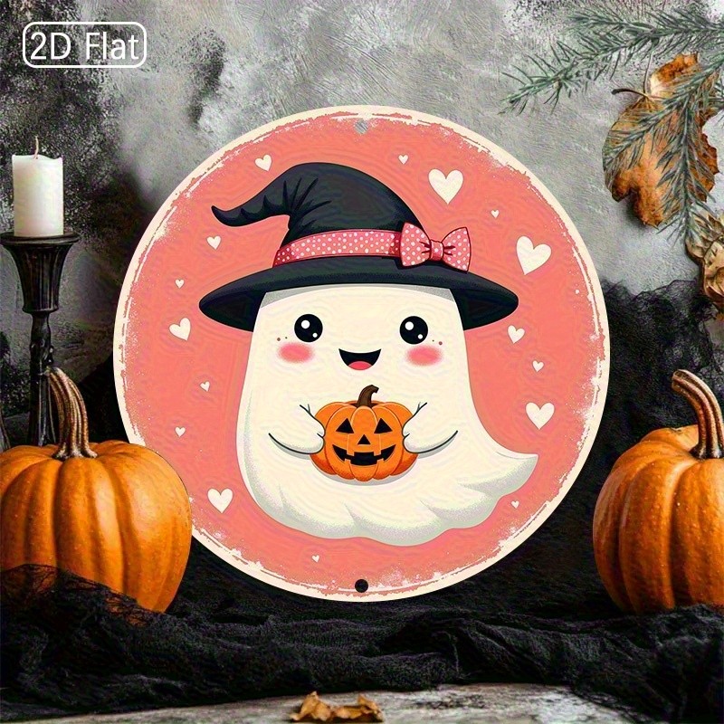 Cute Witch Hat Pumpkin Design Round Aluminum Halloween Decor