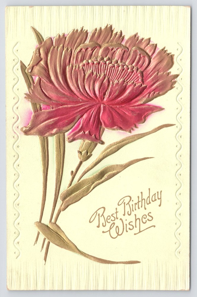 Greetings~Red Flowers Best Birthday Wishes~Vintage Postcard