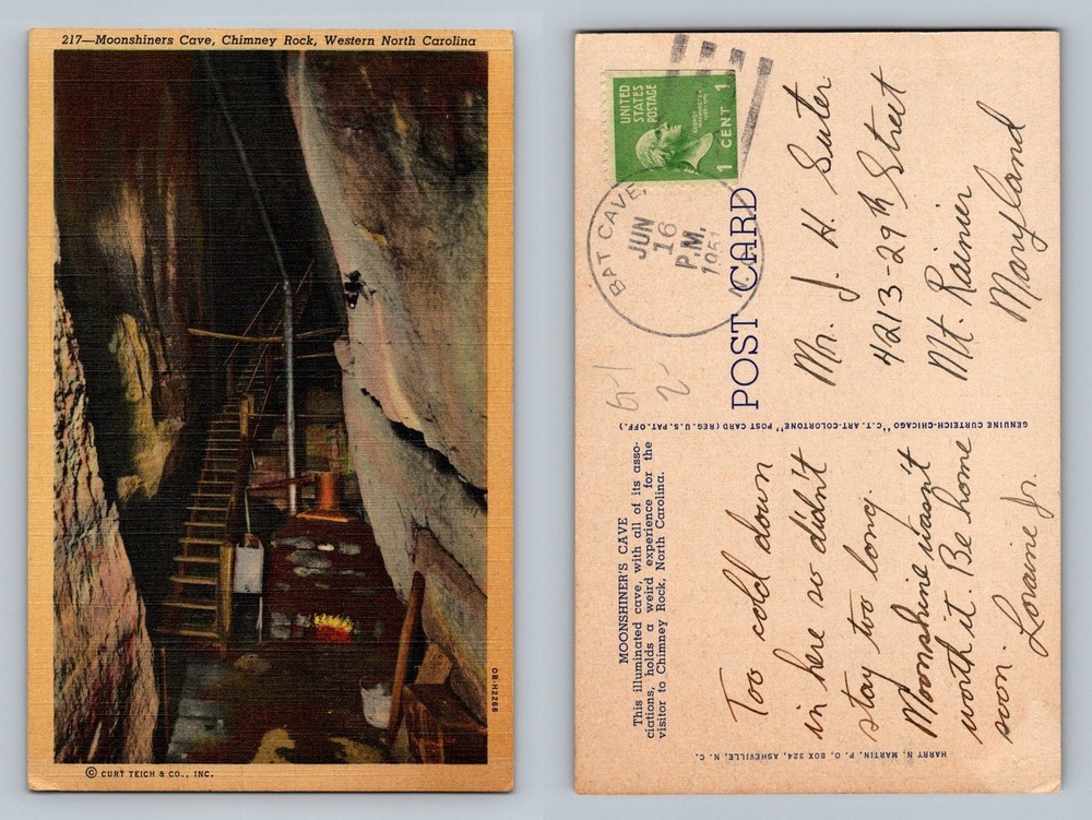 Chimney Rock, NC-North Carolina, Moonshiners Cave Vintage c1947 Postcard