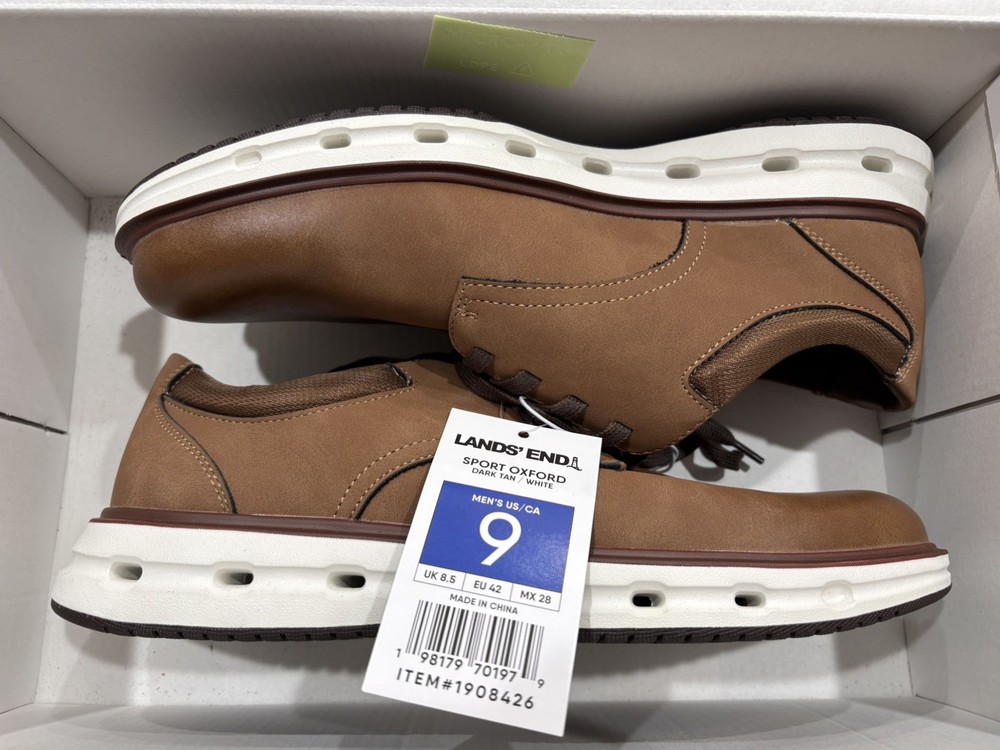 Lands' End Sport Oxford Shoe Men’s 9 Dark Tan Brown White Outsole Cushioned