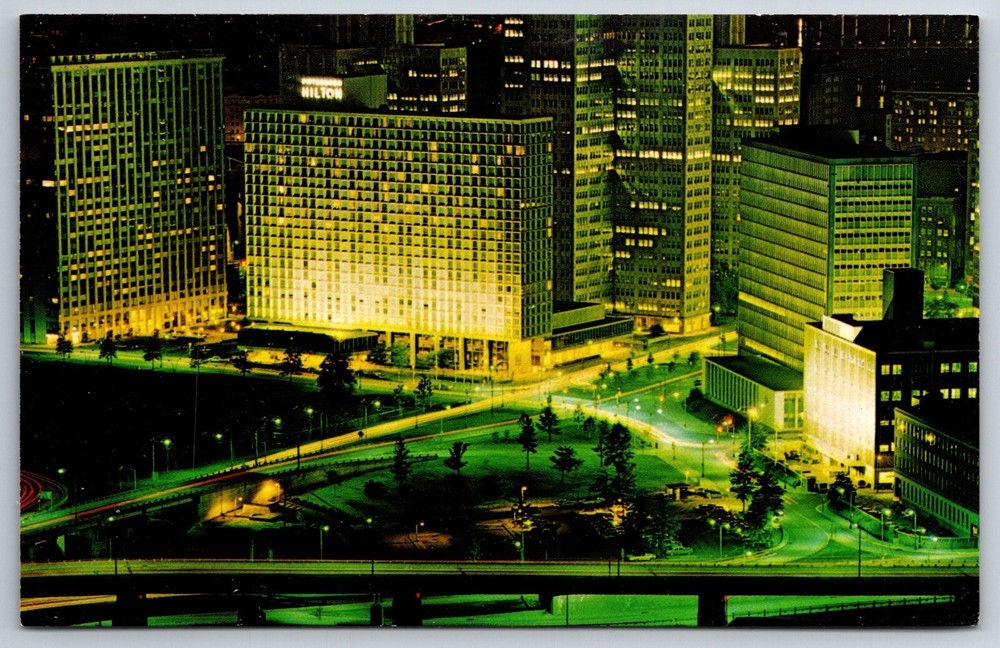Pittsburgh Pennsylvania~Air View Hilton Hotel At Night~Vintage Postcard
