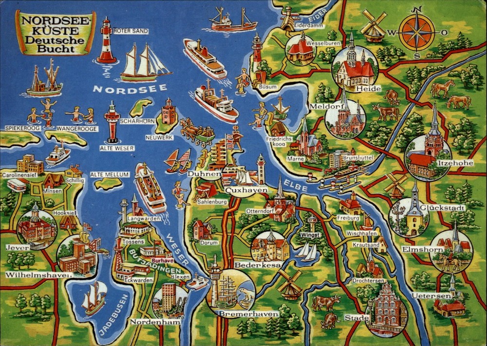 Nordsee Kuste Deutsche Bucht Map vintage postcard b748