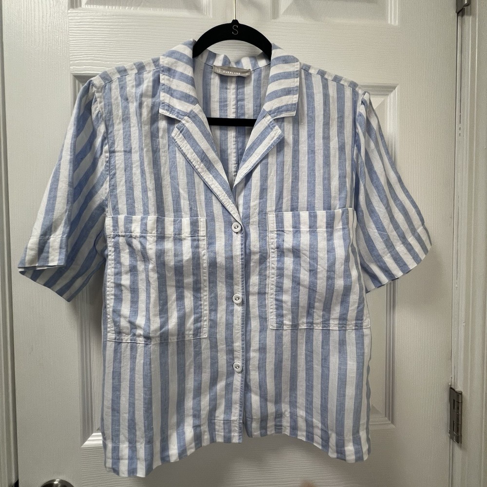 Everlane Boxy Linen Notch Collar Blue Stripe Short Sleeve Button Down Size M