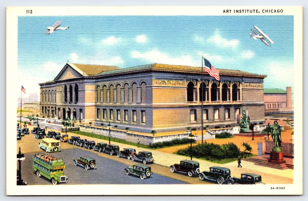 Chicago Illinois Art Institute Street View Cars Buses Planes Vintage Postcard