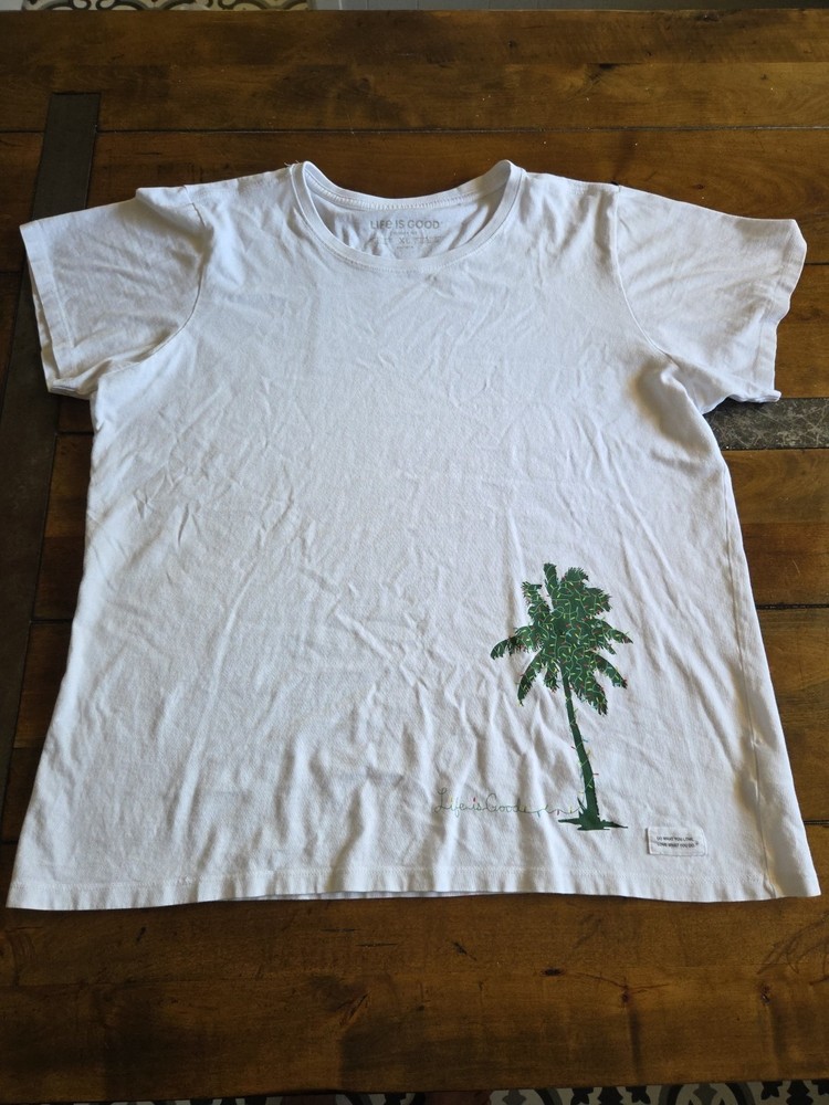 Life Is Good T-Shirt Mens XL White Palm Tree Graphic Crusher Tee Cotton