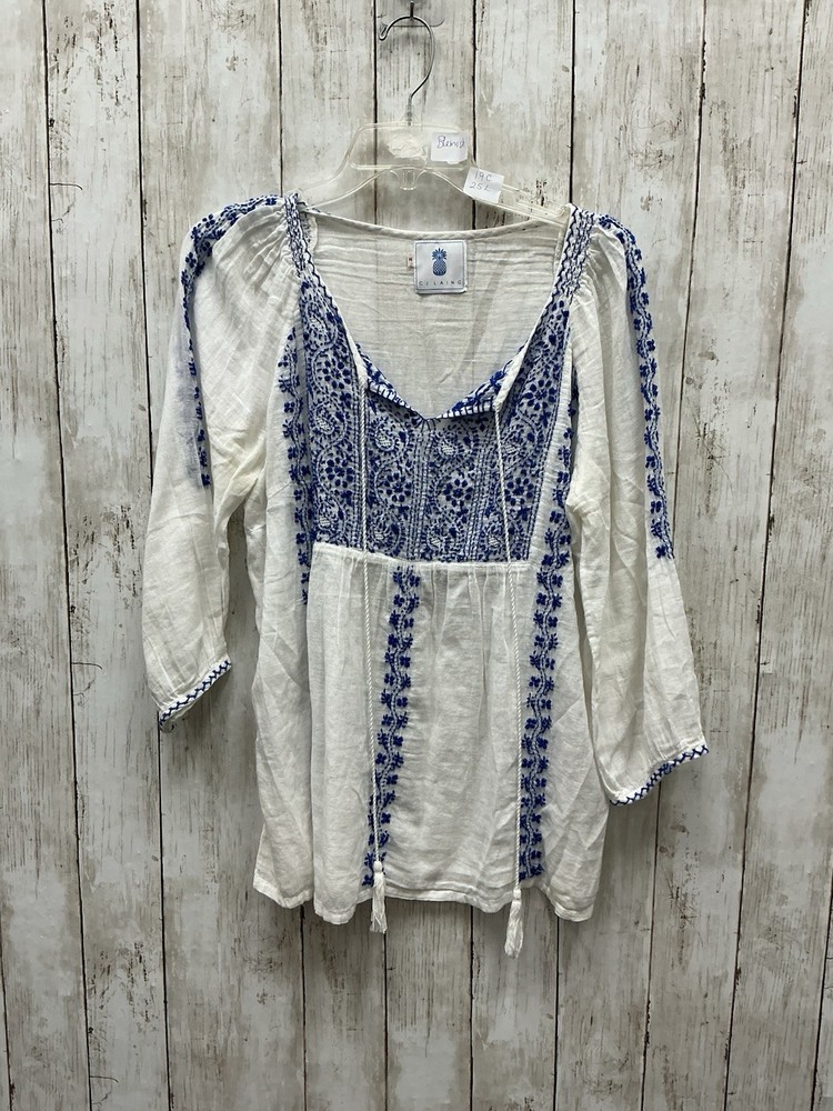 CJ Laing White Blue Embroidered Peasant Boho Tunic Blouse Top Medium