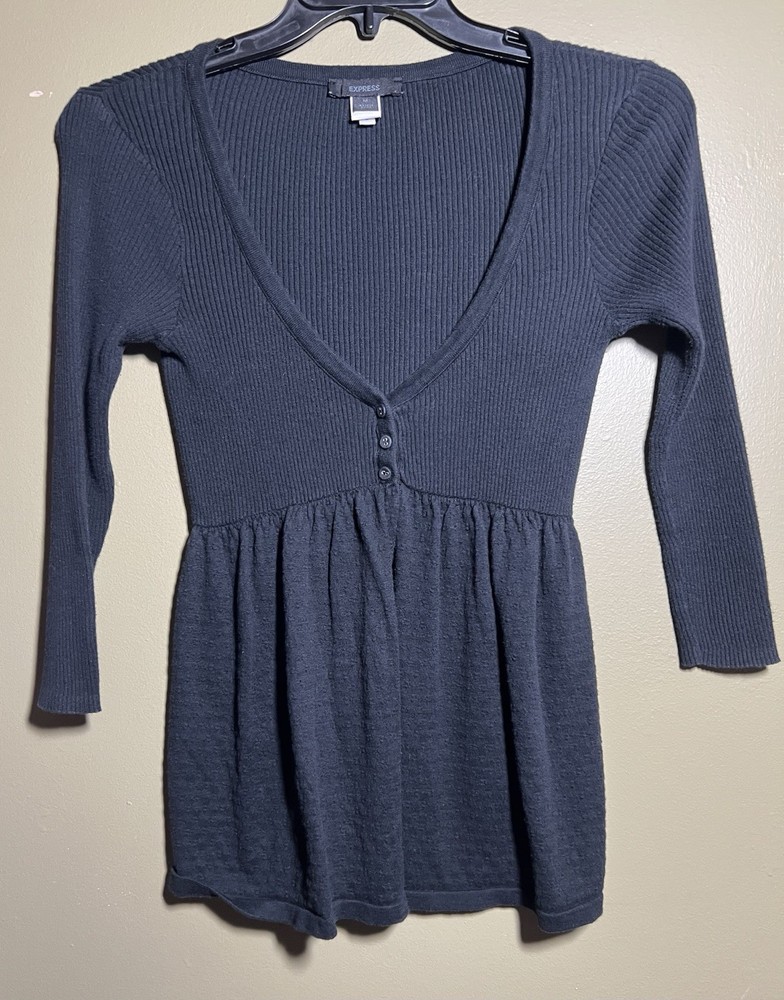 Babydoll Long Sleeve Top Knit Henley Pointelle Sz Medium Y2K VTG Express