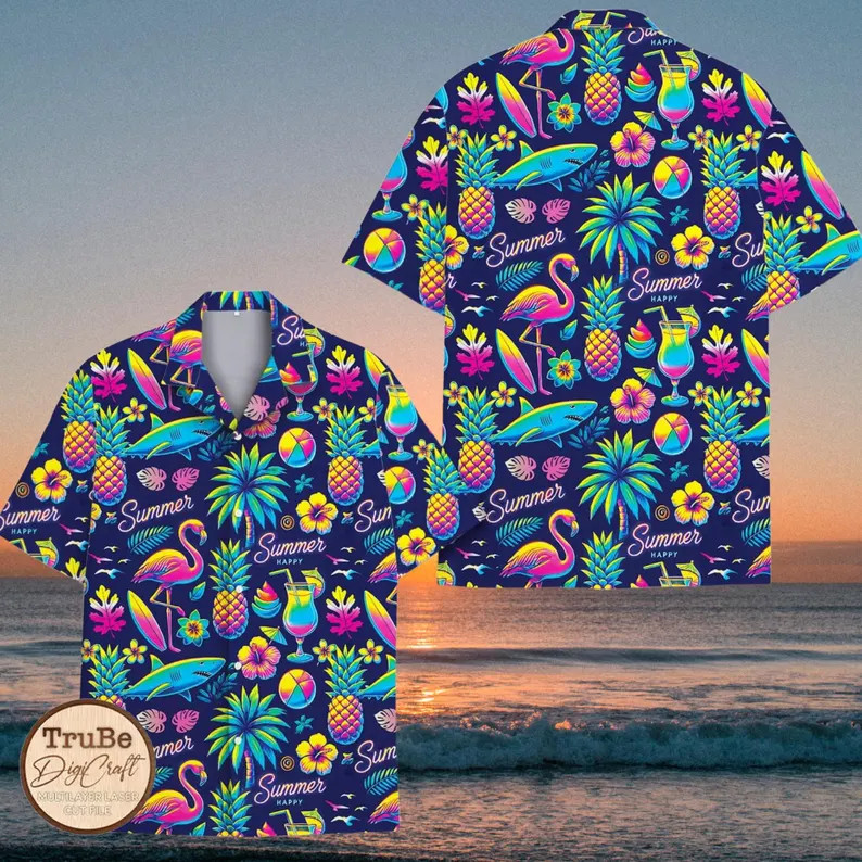 Neon Tropical Hawaiian Shirt Cocktail Party Beach Vacation Summer