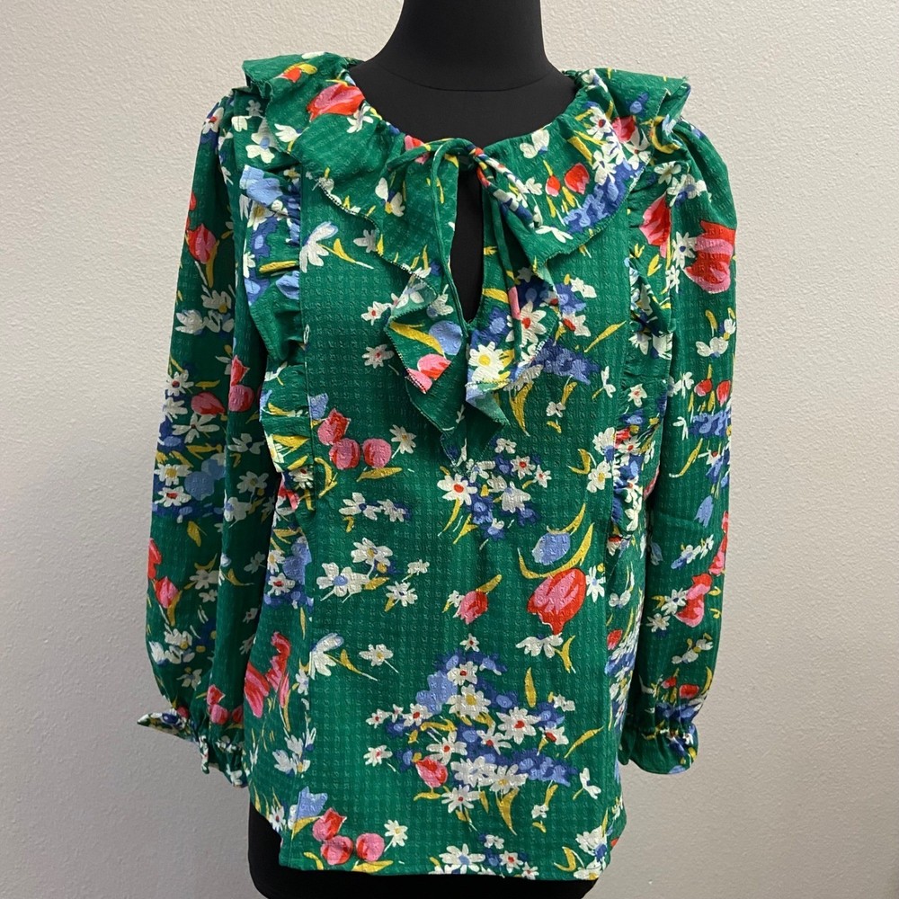 LOFT Floral Ruffle Neck Blouse Women's Size S Green Floral Long Sleeve Top NEW