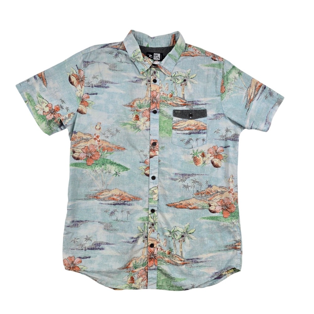 Rip Curl Mens Medium Slim Fit Hawaiian Print Short Sleeve Button-Up Shirt