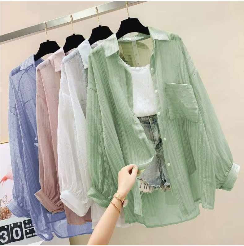 Women's Sheer Chiffon Button Down Shirt Lightweight Summer Cover Up Loose Blouse