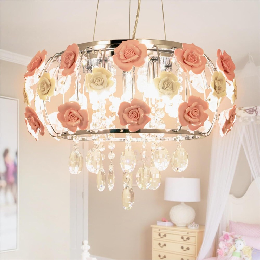 Romantic Crystal Chandelier Ceramic Rose Flower Pendant Lamp 5-Lights Fixtures