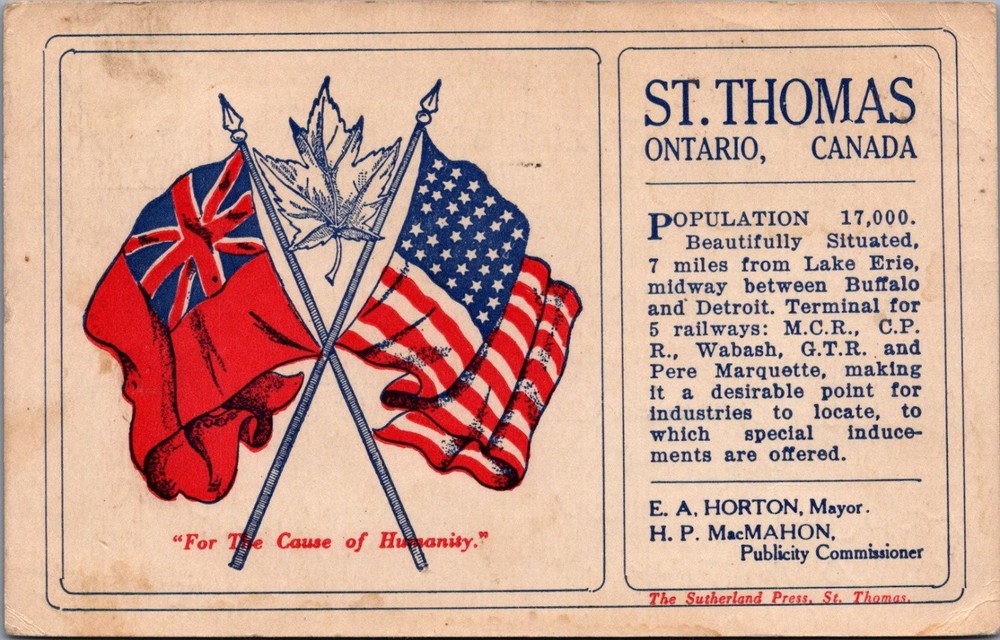 1910 St. Thomas Ontario Canada Flags & Info Postcard Sutherland Press DETROIT PM