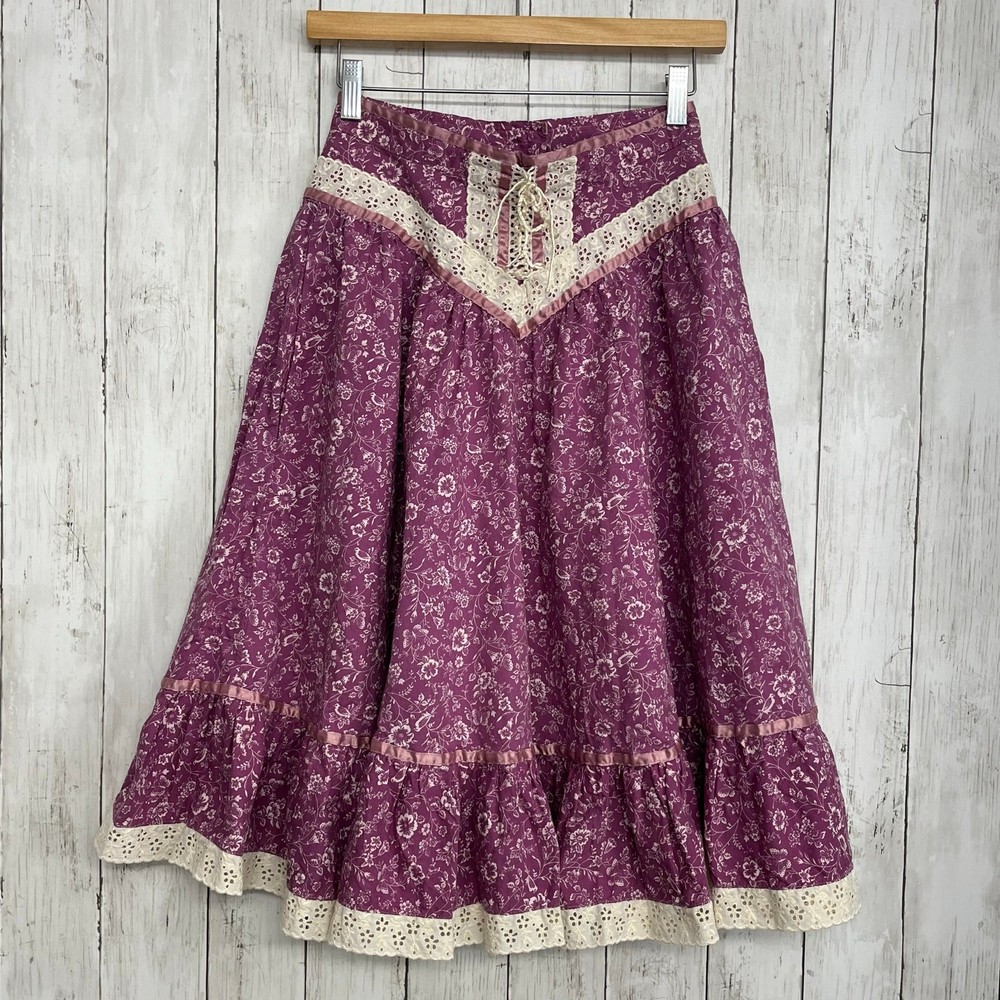 Vintage 70s Gunne Sax Simplicity Prairie Skirt Handmade Calico Floral Tiered