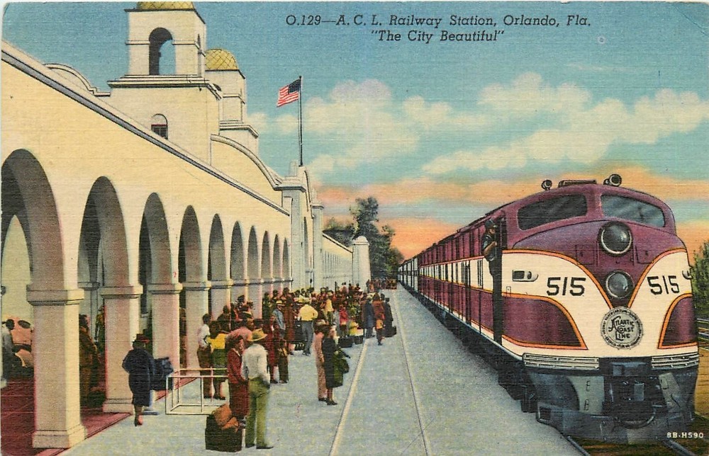 1940s Orlando Florida ACL Railway Station people Occupation Postcard 25-8234