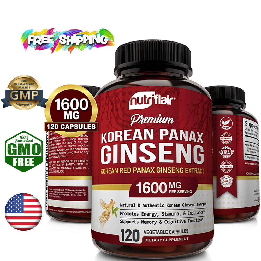 Korean Red Panax Ginseng 1600mg, 120 Caps 5% High Strength NON-GMO Ginsenoside