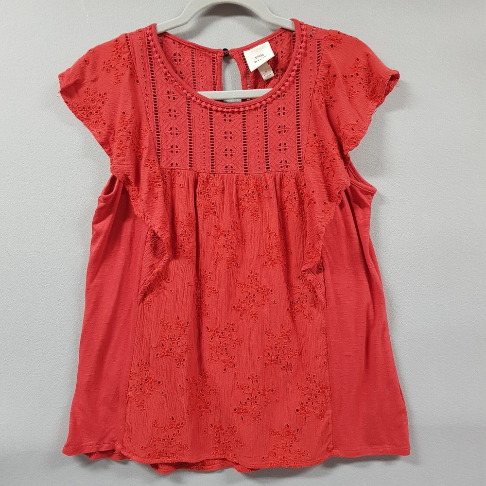 Knox Rose Womens Small Red Eyelet Ruffle Boho Short Sleeve Top