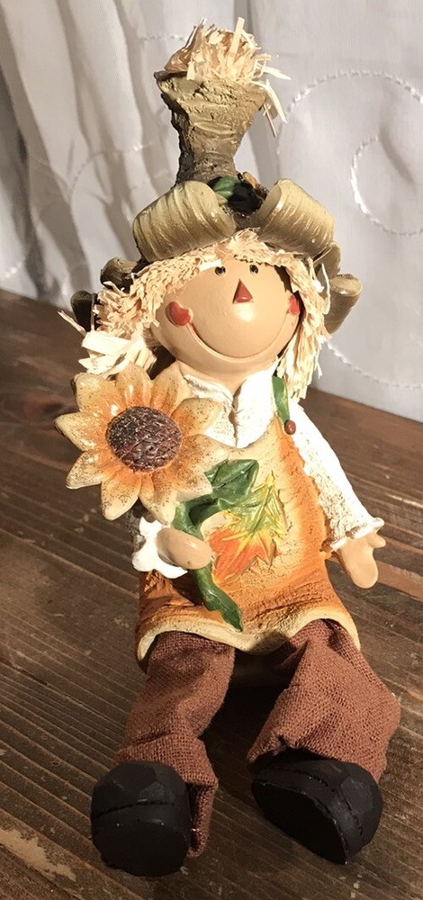 Scarecrow Dangle Leg Figurine Sunflowers Leaf 7-3/4” Glitter Autumn Harvest