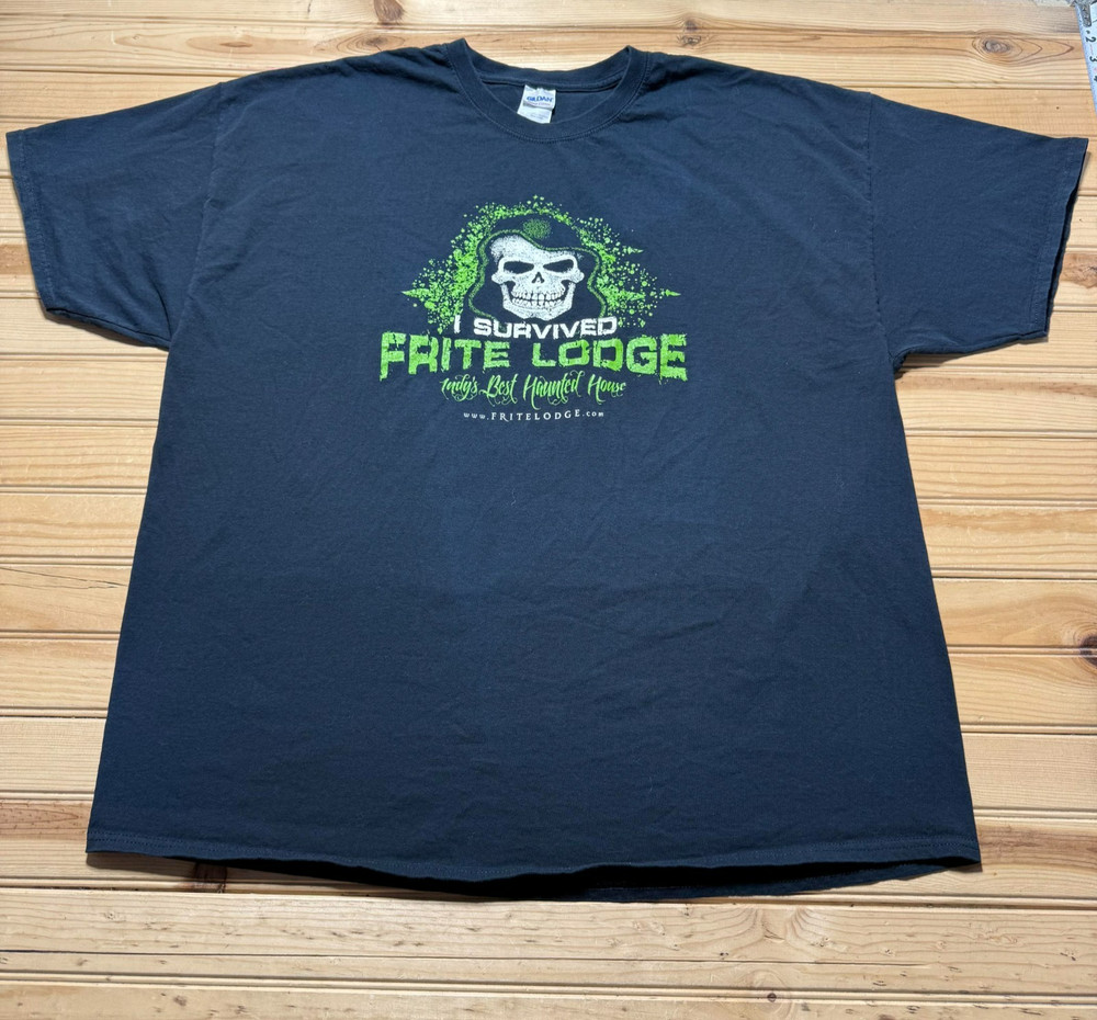 I Survived Frite Lodge Indy's Best Haunted House Skull Grim Souvenir Shirt - 3XL