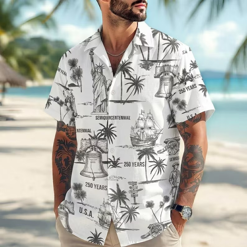 USA Patriotic Freedom Hawaiian Shirt Mens Beach Aloha