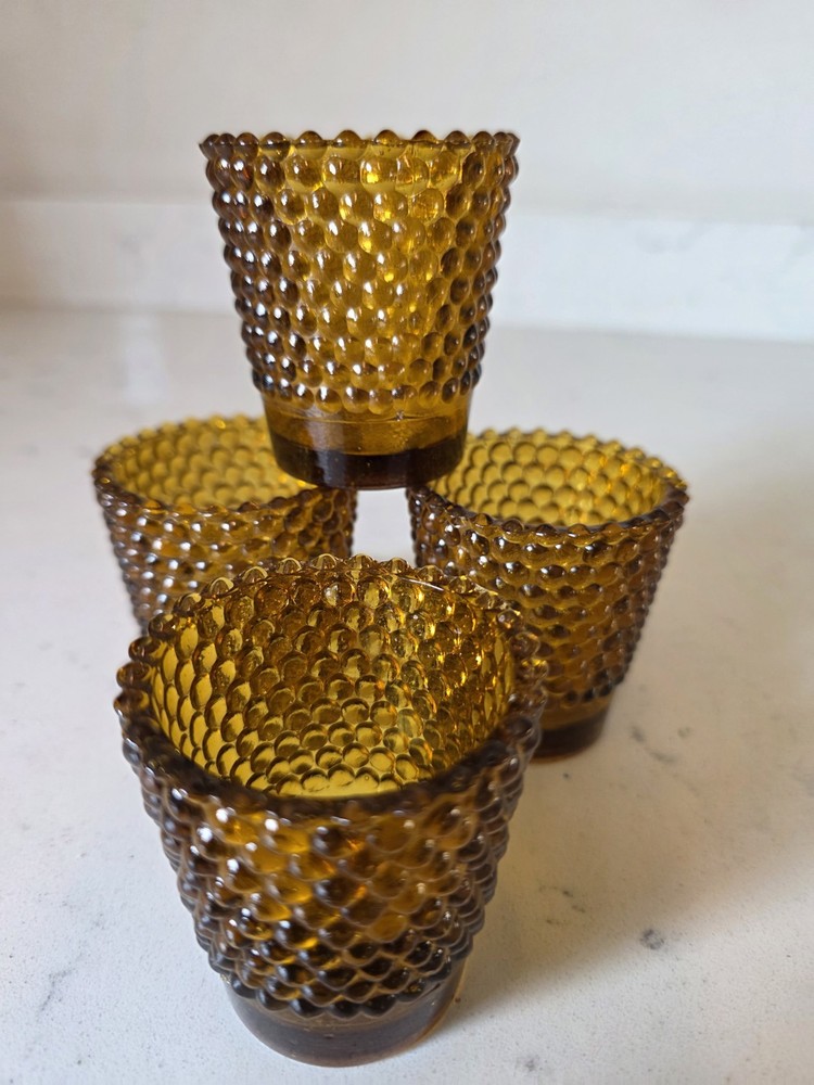 Vintage MCM Lot Of 4 Hobnail Bubble Rim Votive Candle Holders Amber EUC