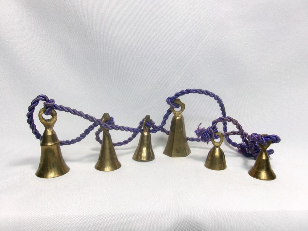 Set/6- Solid Brass Vintage Christmas Doorknob Jingle Sleigh Bells on Cord - [BD]