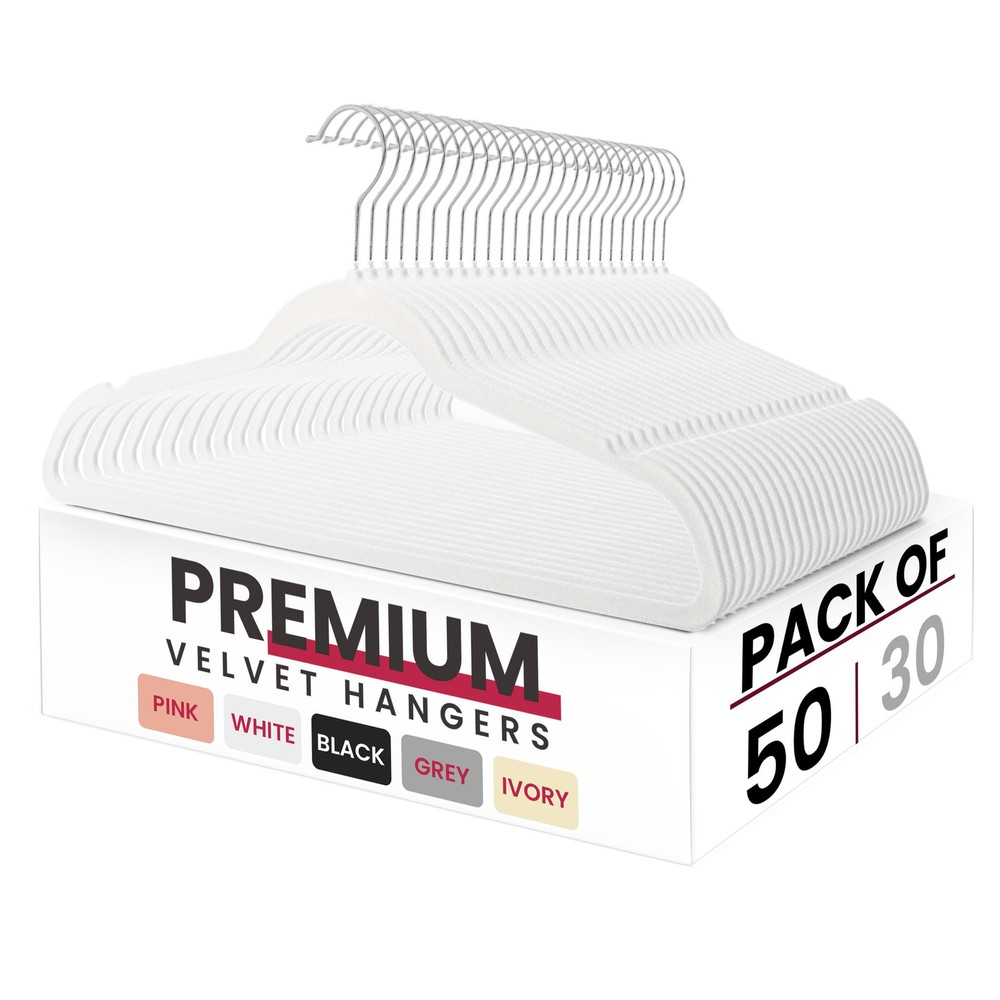 LDC 50-Pack White Velvet Non-Slip Clothes Hangers for Wardrobe Organization