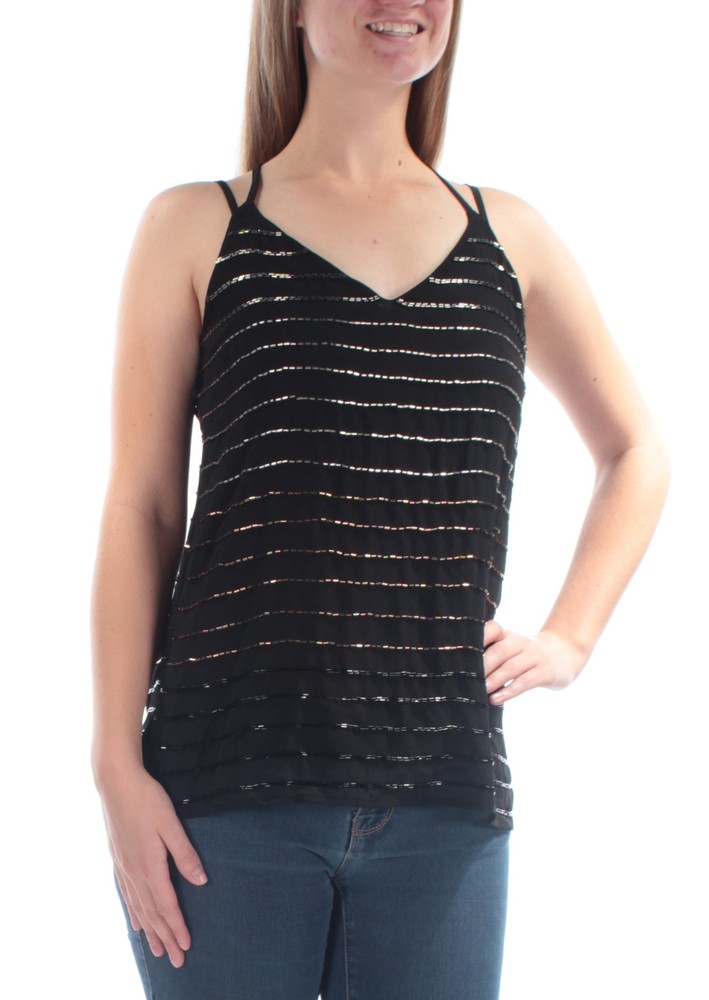 BAR III Womens Black Striped Cut Out V Neck Spaghetti Strap Top in 2XS