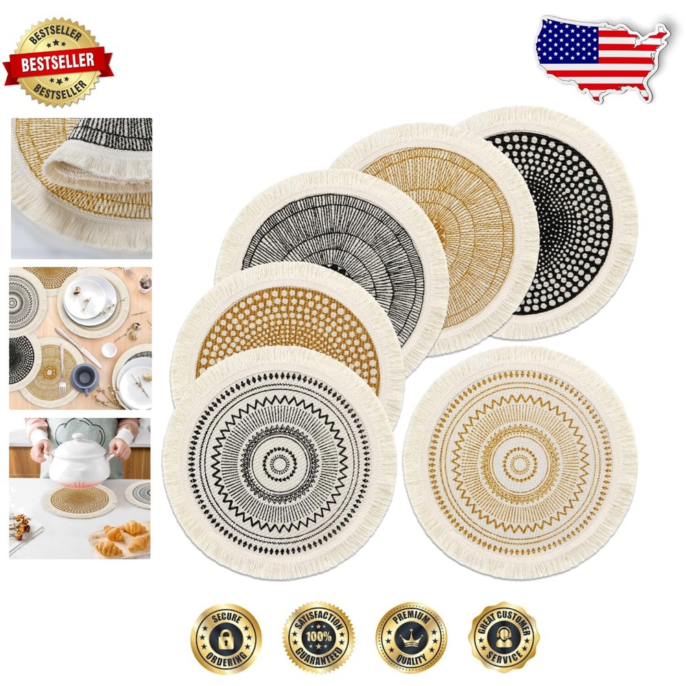 Heat-Resistant Cotton Round Placemats 13 Inch with Tassel Trim