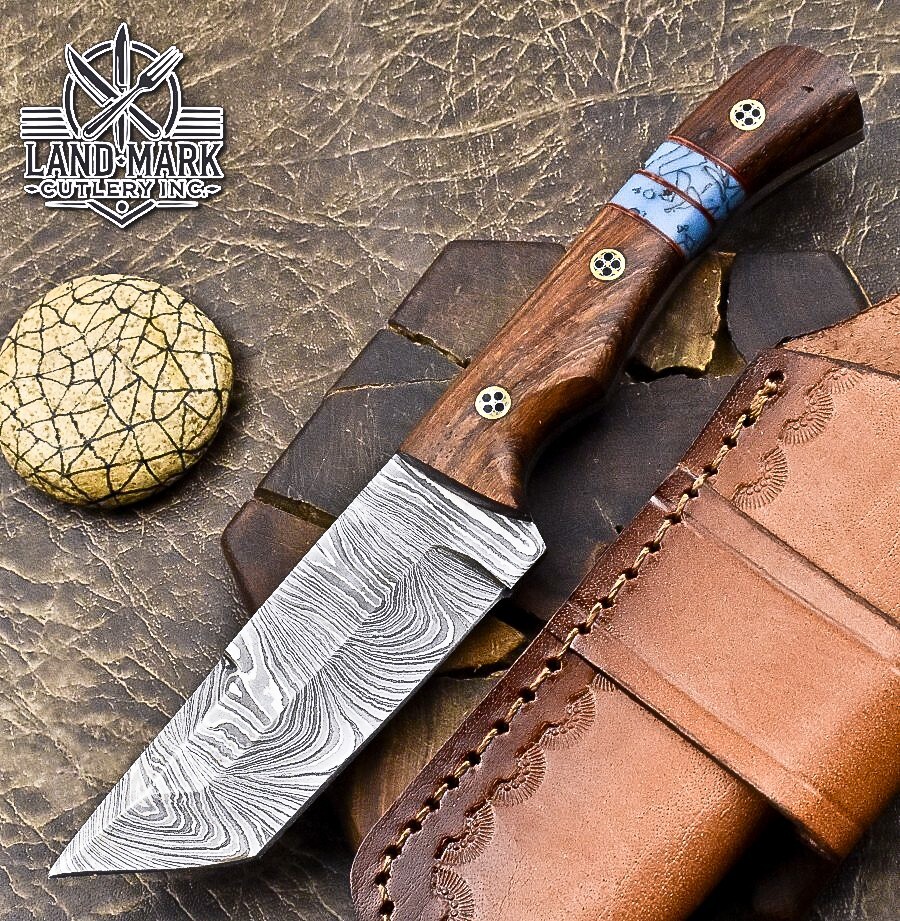 Damascus Hunting Tanto Knife with Rose Wood Handle and Spacers