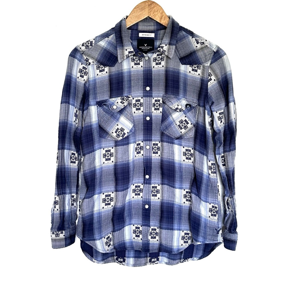 American Eagle Outfitters Shirt Women’s Medium Blue White Geometric Pearl Snap