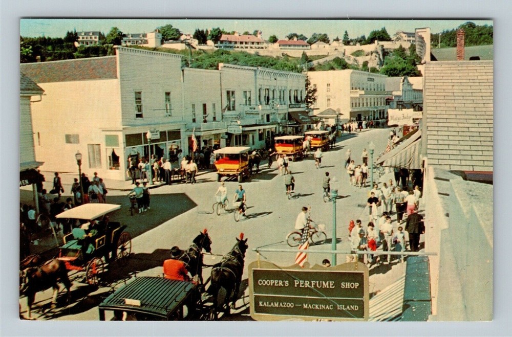 Mackinac Island, Main Street, Horses Carriages, Shops, Michigan Vintage Postcard