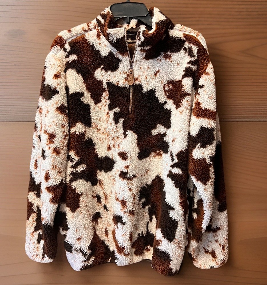 Girlie Girl Cow Print Sherpa Pullover 1/4 Zip M Western Brown White Oversized