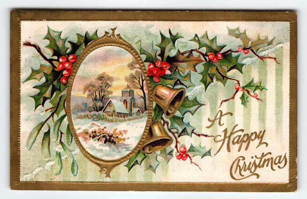 Vintage Embossed Christmas Postcard with Church & Holly Berries