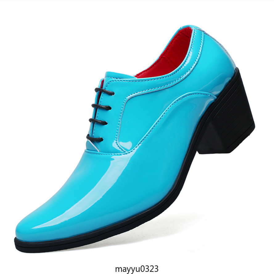 Mens Clubwear Pointy TOe Mid Block Heel Lace Up Shiny Faux Leather Party Shoes