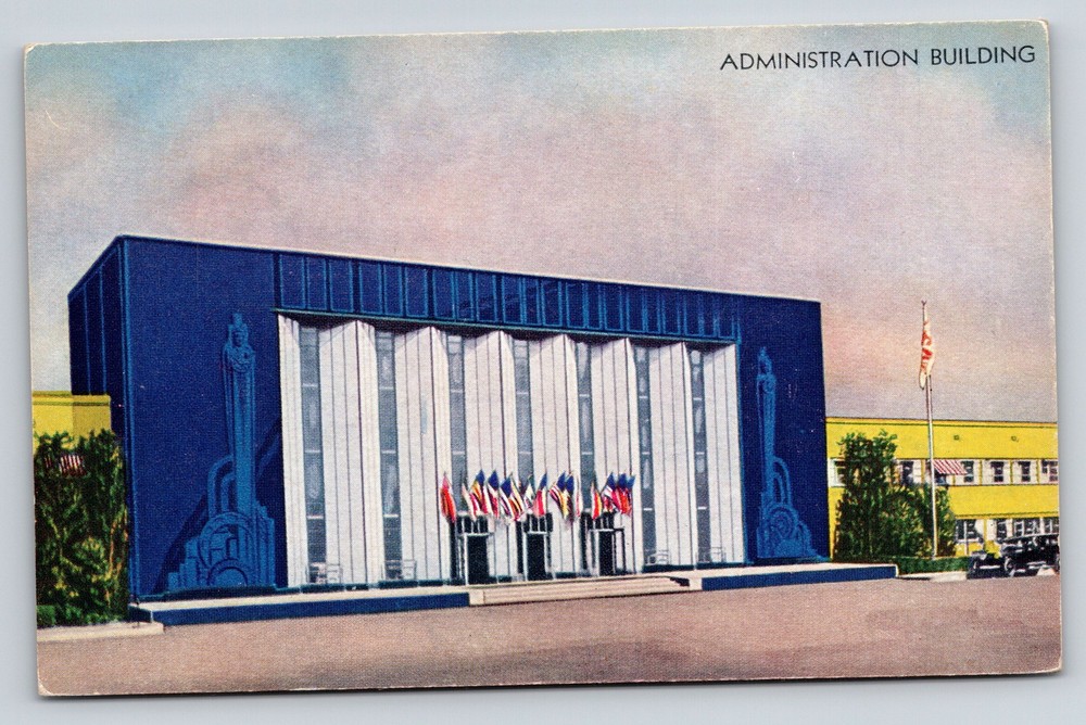 Chicago 1933 World's Fair~Admin Bldg~Flag~Automobile~ART DECO Colortype Postcard