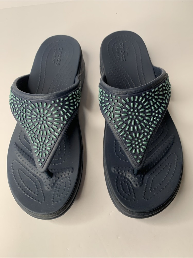 Crocs Monterey Diamante Womens Size 9 Navy Beaded Wedge Thong Sandal with Dual Comfort