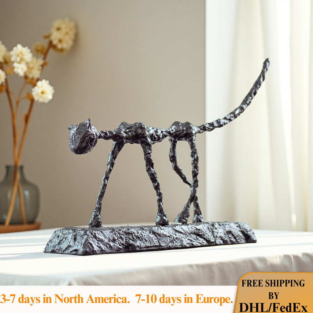 Giacometti-Inspired Abstract Bronze Cat Statue Antique Art Deco Sculpture-image