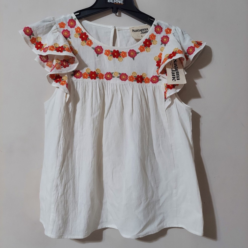 Savanna Jane Women's Embroidered Flutter-Sleeve Top Size S,  Floral Boho NWT