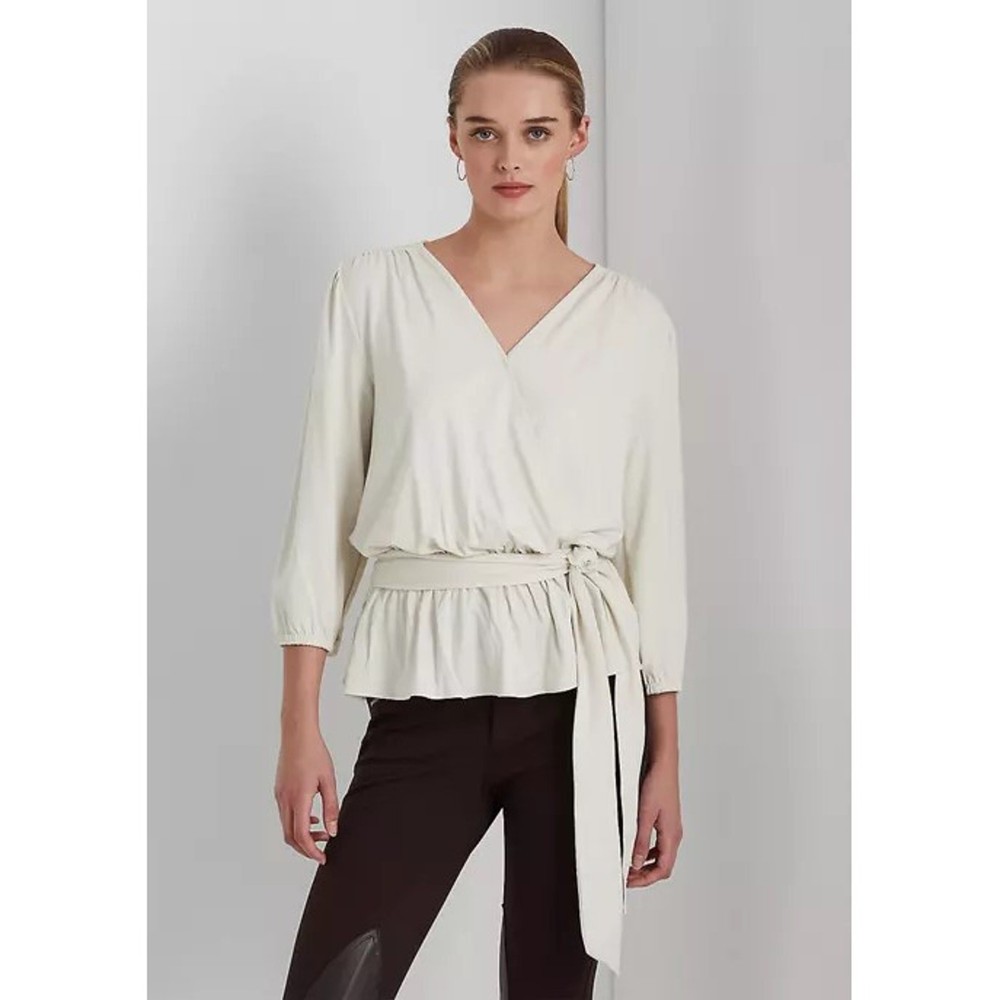 Lauren Ralph Lauren Women Cream Viscose Jersey Casual Wrap Peplum Blouse Size M