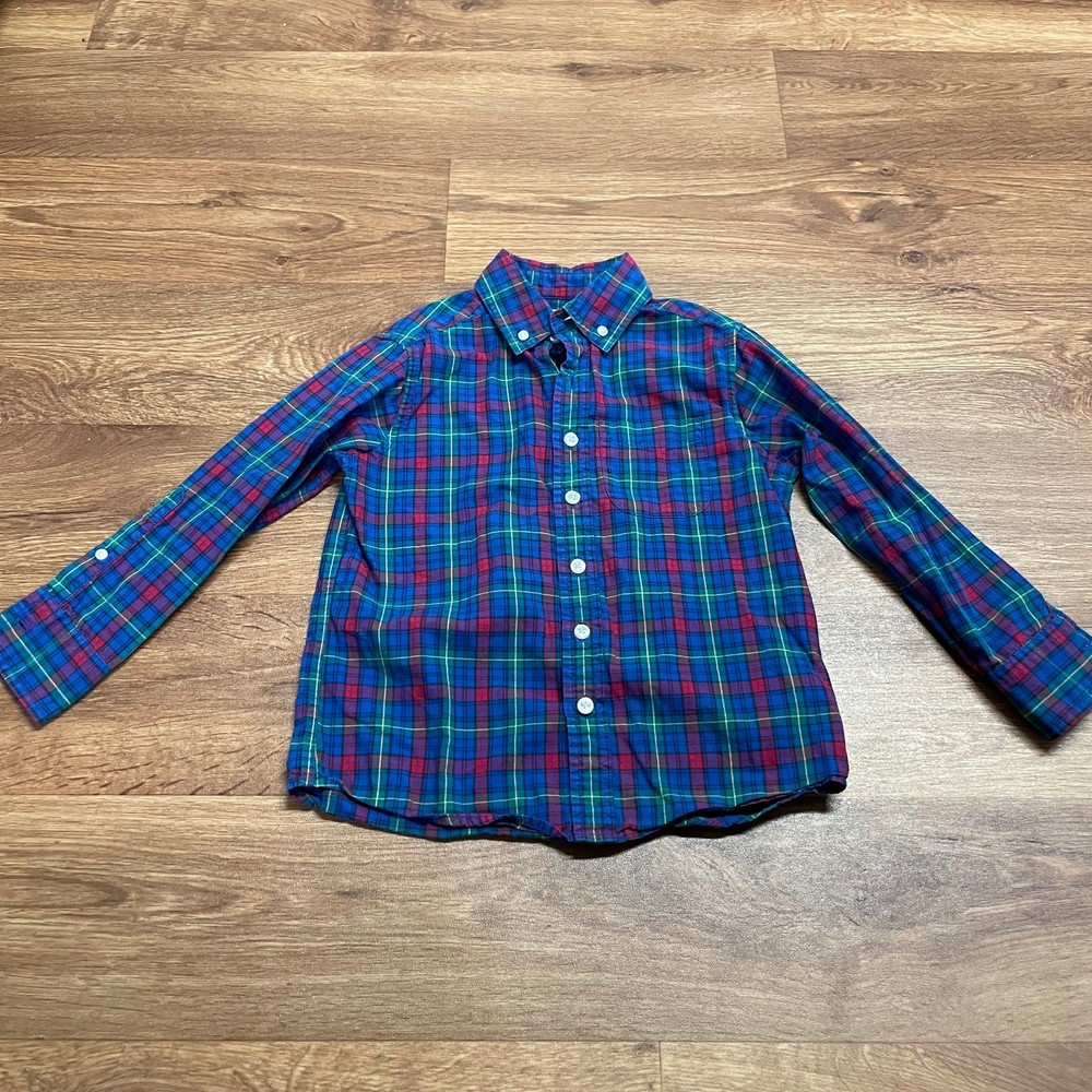 Lands End Boys Plaid Blue Red Green Long Sleeve Button Up Shirt Size 4 Small
