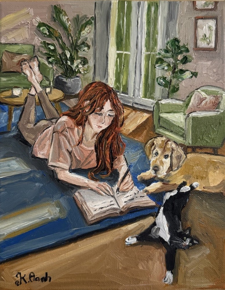 ORIGINAL OIL PAINTING A WOMAN LABRADOR  TUXEDO CAT INDOOR SCENE SIGNED 8x10
