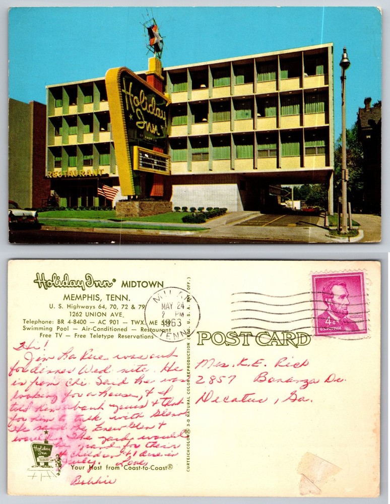 Vintage 1963 Holiday Inn Midtown Memphis TN Postcard Mid-Century Modern Chrome