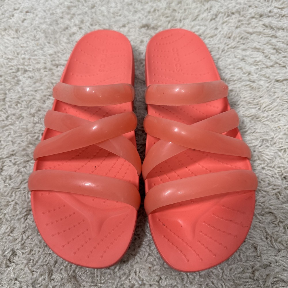 Crocs Women’s Splash Glossy Strappy Neon Watermelon Slip On Sandals Slide Size 8