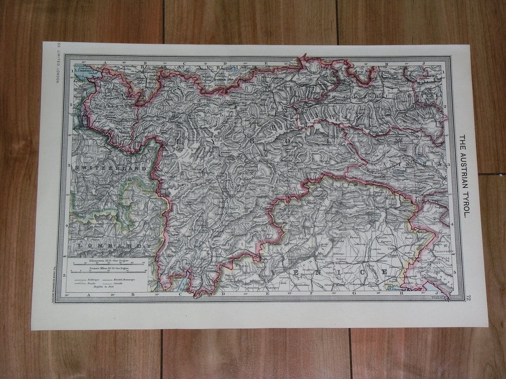 1908 Original Antique Map Of Austrian Tyrol / Tirol Italy / Austria