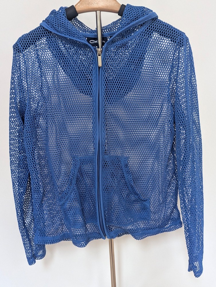 Catalina Womens Med Hooded Mesh Jacket Full Zipper Blue Cover Up Front Pockets