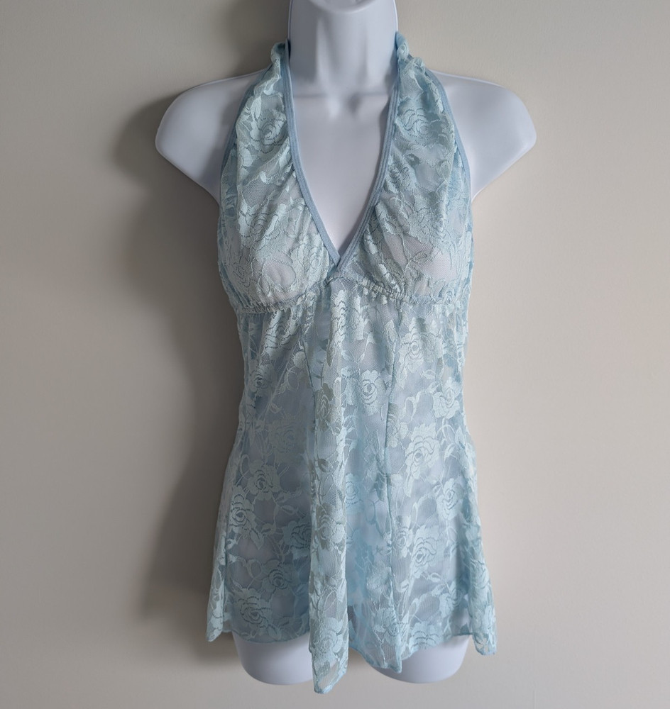 Sheer Lace Babydoll Top Womens Small Halter Y2K Layering Festival Fairy Blue